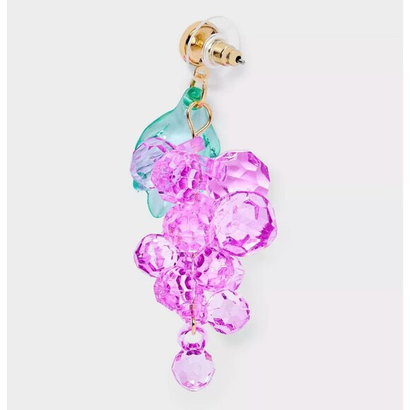 A New Day Grape Earrings Cluster Drop Purple Acrylic Fruit Green Leaf Statement - Picture 4 of 6